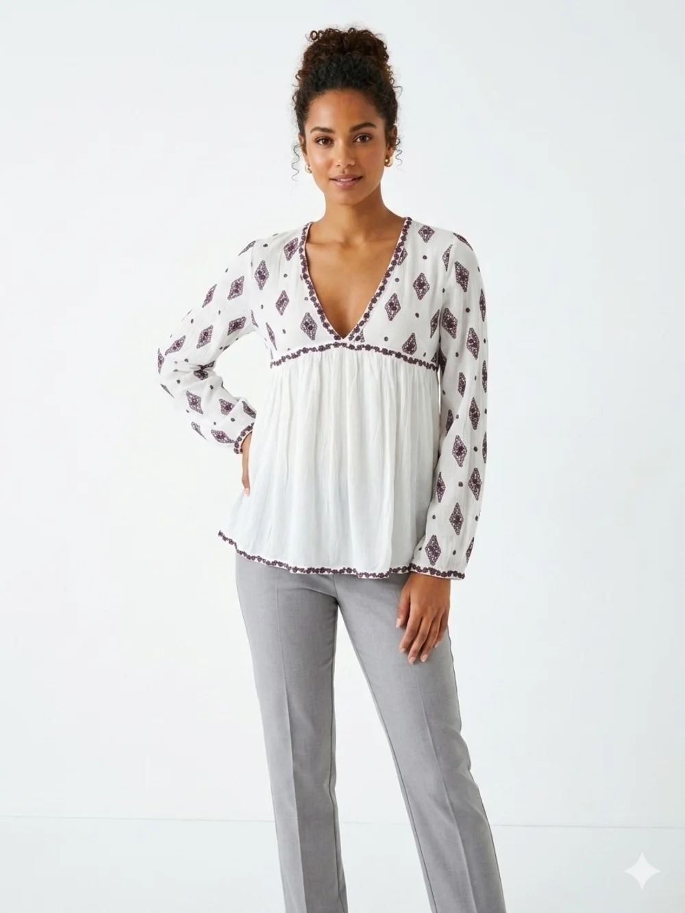 Free People White Peasant Blouse with Purple Print